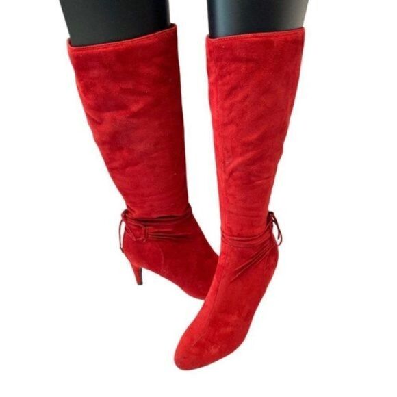 Women Sexy Red Pointed Toe Medium Heels Knee Boots Booties Gabrielle Shoes - Picture 3 of 10